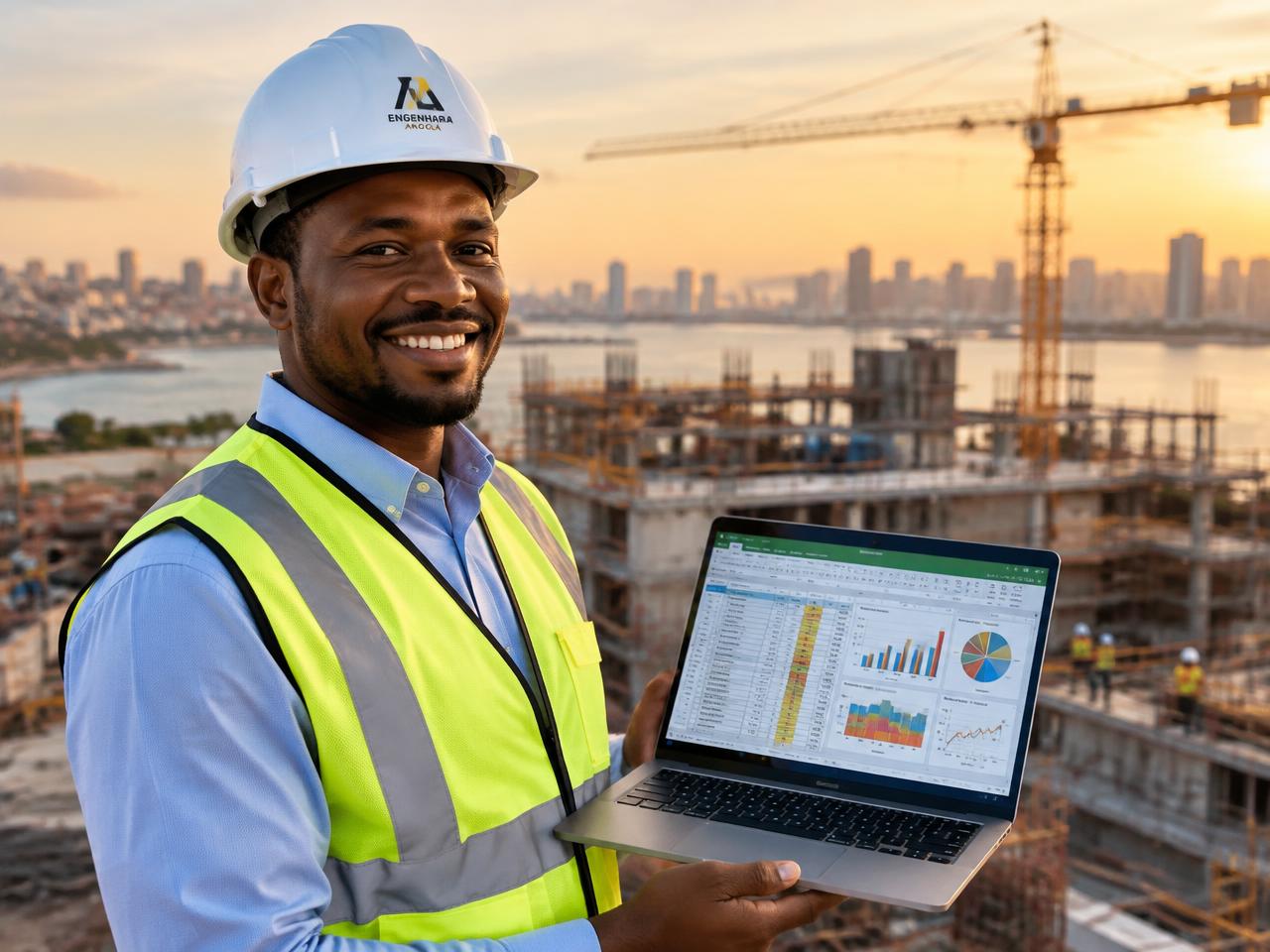 Engenheiro angolano numa obra em Luanda a mostrar a planilha no portátil